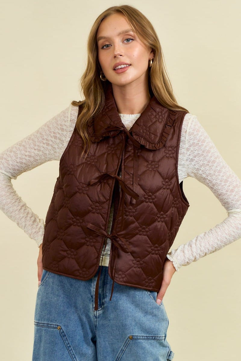 Ruffled Oversized Collar Quilted Tie-Front Vest-Vests-Krush Kandy, Women's Online Fashion Boutique Located in Phoenix, Arizona (Scottsdale Area)