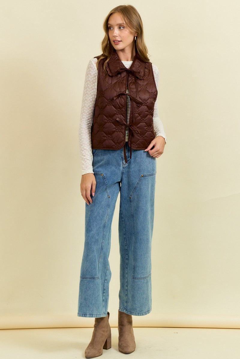 Ruffled Oversized Collar Quilted Tie-Front Vest-Vests-Krush Kandy, Women's Online Fashion Boutique Located in Phoenix, Arizona (Scottsdale Area)