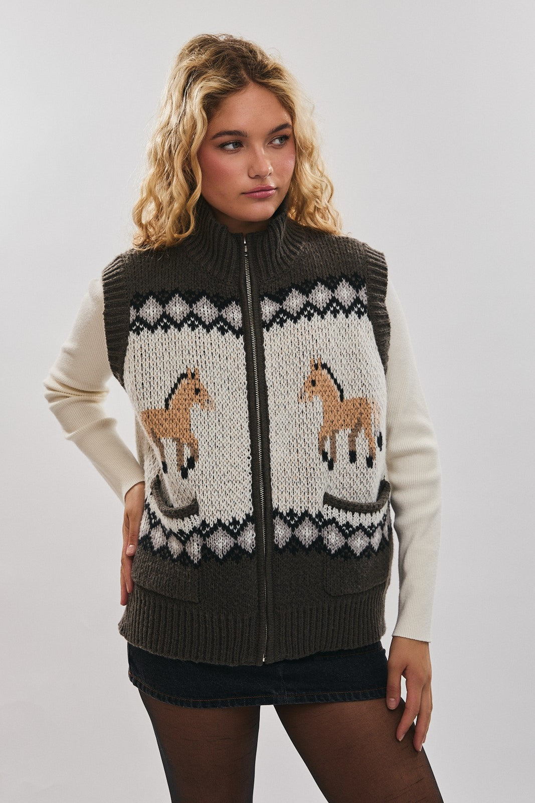 Frontier Charm Horse Knit Zip Vest-Vests-Krush Kandy, Women's Online Fashion Boutique Located in Phoenix, Arizona (Scottsdale Area)