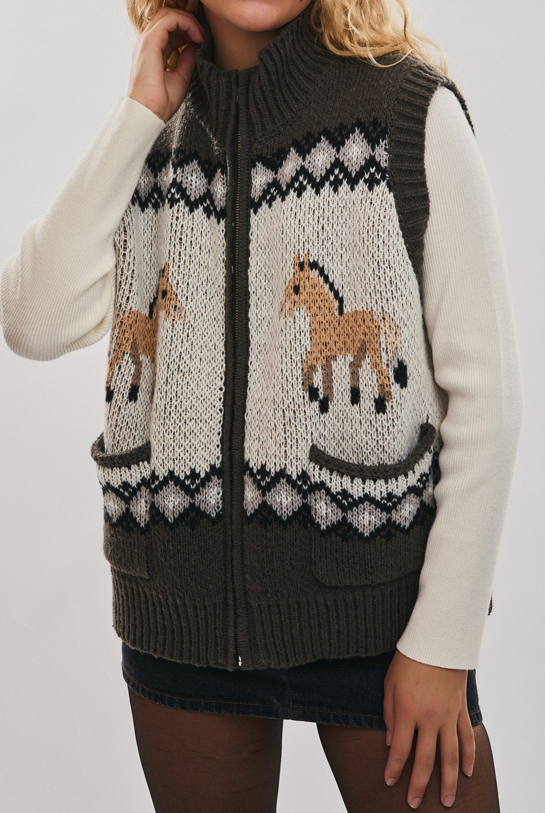Frontier Charm Horse Knit Zip Vest-Vests-Krush Kandy, Women's Online Fashion Boutique Located in Phoenix, Arizona (Scottsdale Area)