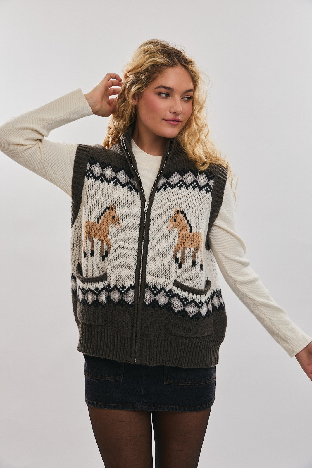 Frontier Charm Horse Knit Zip Vest-Vests-Krush Kandy, Women's Online Fashion Boutique Located in Phoenix, Arizona (Scottsdale Area)