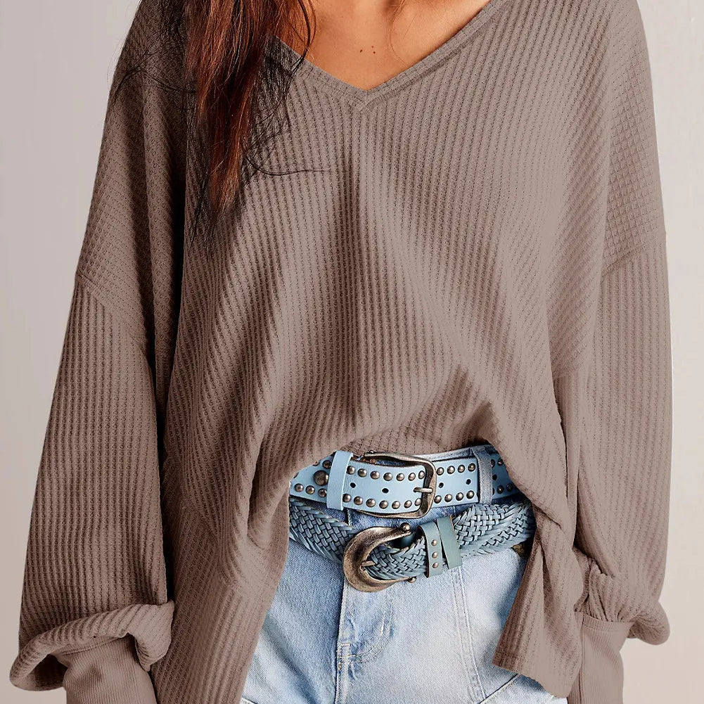 Waffle-Knit V-Neck Long Sleeve Top-Long Sleeve Tops-Krush Kandy, Women's Online Fashion Boutique Located in Phoenix, Arizona (Scottsdale Area)