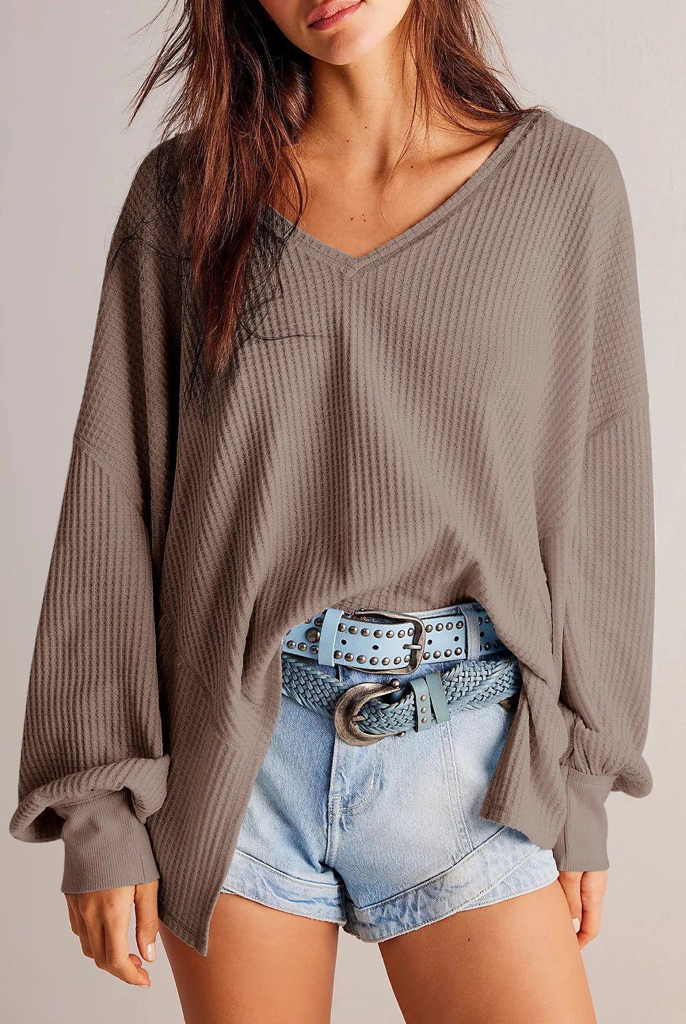 Waffle-Knit V-Neck Long Sleeve Top-Long Sleeve Tops-Krush Kandy, Women's Online Fashion Boutique Located in Phoenix, Arizona (Scottsdale Area)