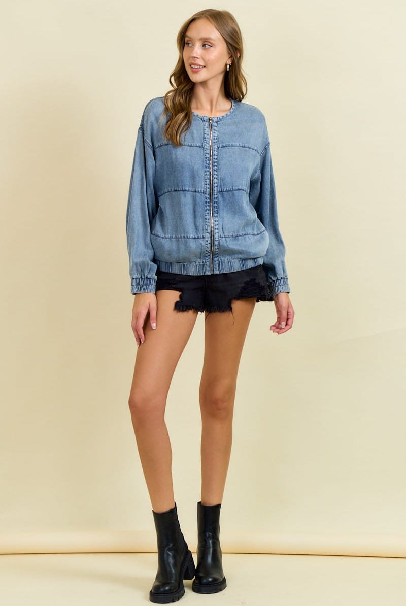 Denim Bomber Jacket with Zipper-Jackets-Krush Kandy, Women's Online Fashion Boutique Located in Phoenix, Arizona (Scottsdale Area)