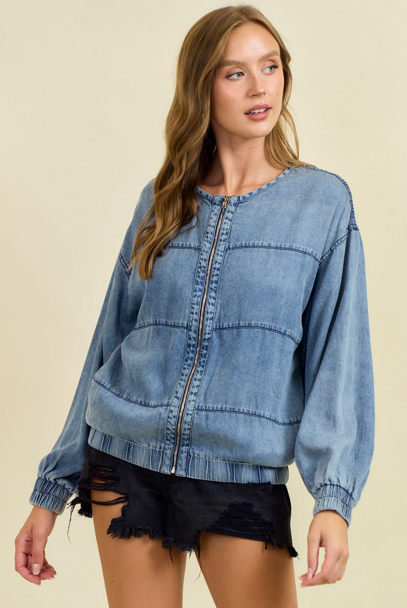 Denim Bomber Jacket with Zipper-Jackets-Krush Kandy, Women's Online Fashion Boutique Located in Phoenix, Arizona (Scottsdale Area)
