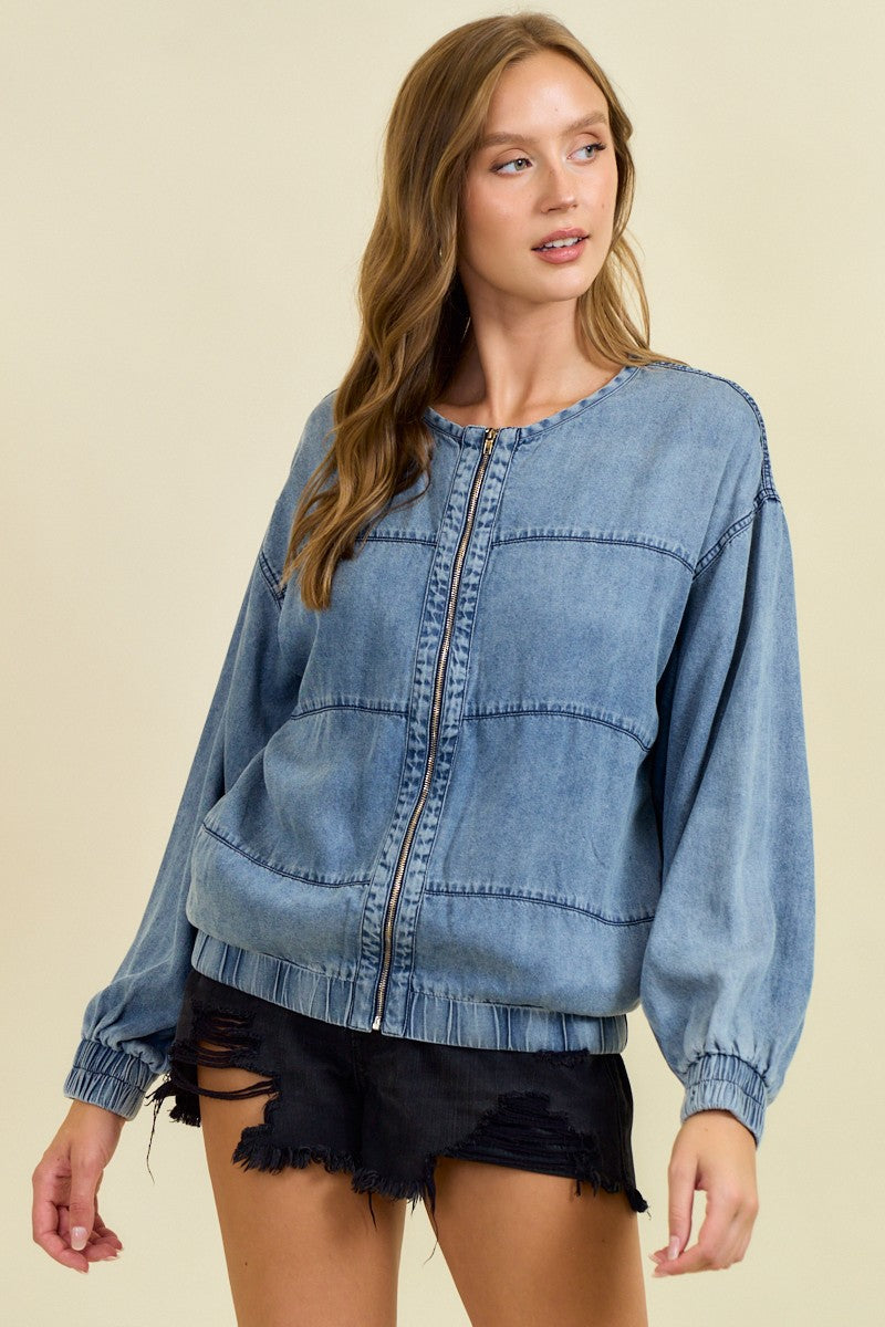 Denim Bomber Jacket with Zipper-Jackets-Krush Kandy, Women's Online Fashion Boutique Located in Phoenix, Arizona (Scottsdale Area)