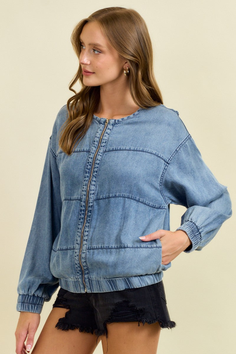 Denim Bomber Jacket with Zipper-Jackets-Krush Kandy, Women's Online Fashion Boutique Located in Phoenix, Arizona (Scottsdale Area)