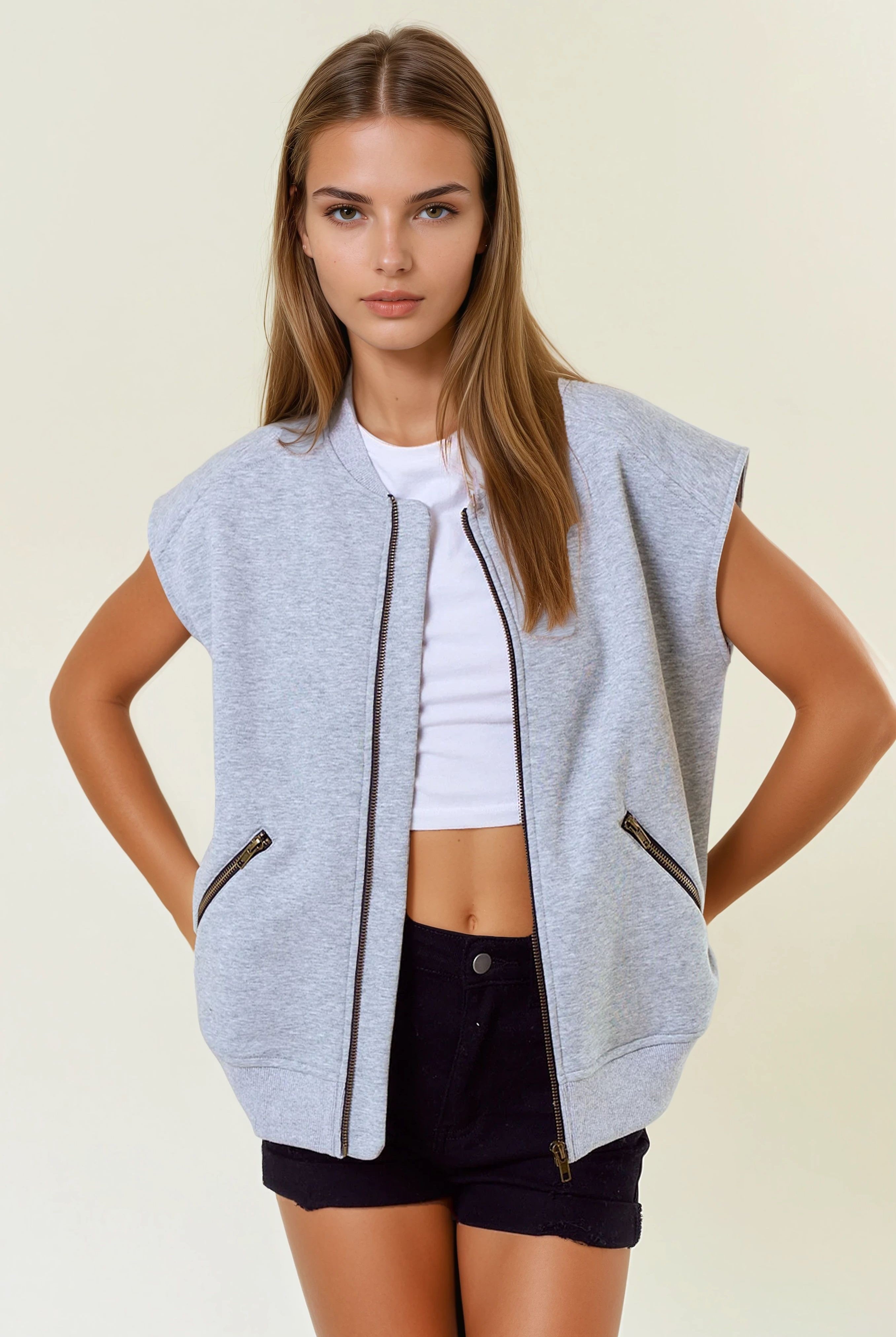Round Neck Front Zip Fleece Vest with Metal Zipper Pockets-Vests-Krush Kandy, Women's Online Fashion Boutique Located in Phoenix, Arizona (Scottsdale Area)