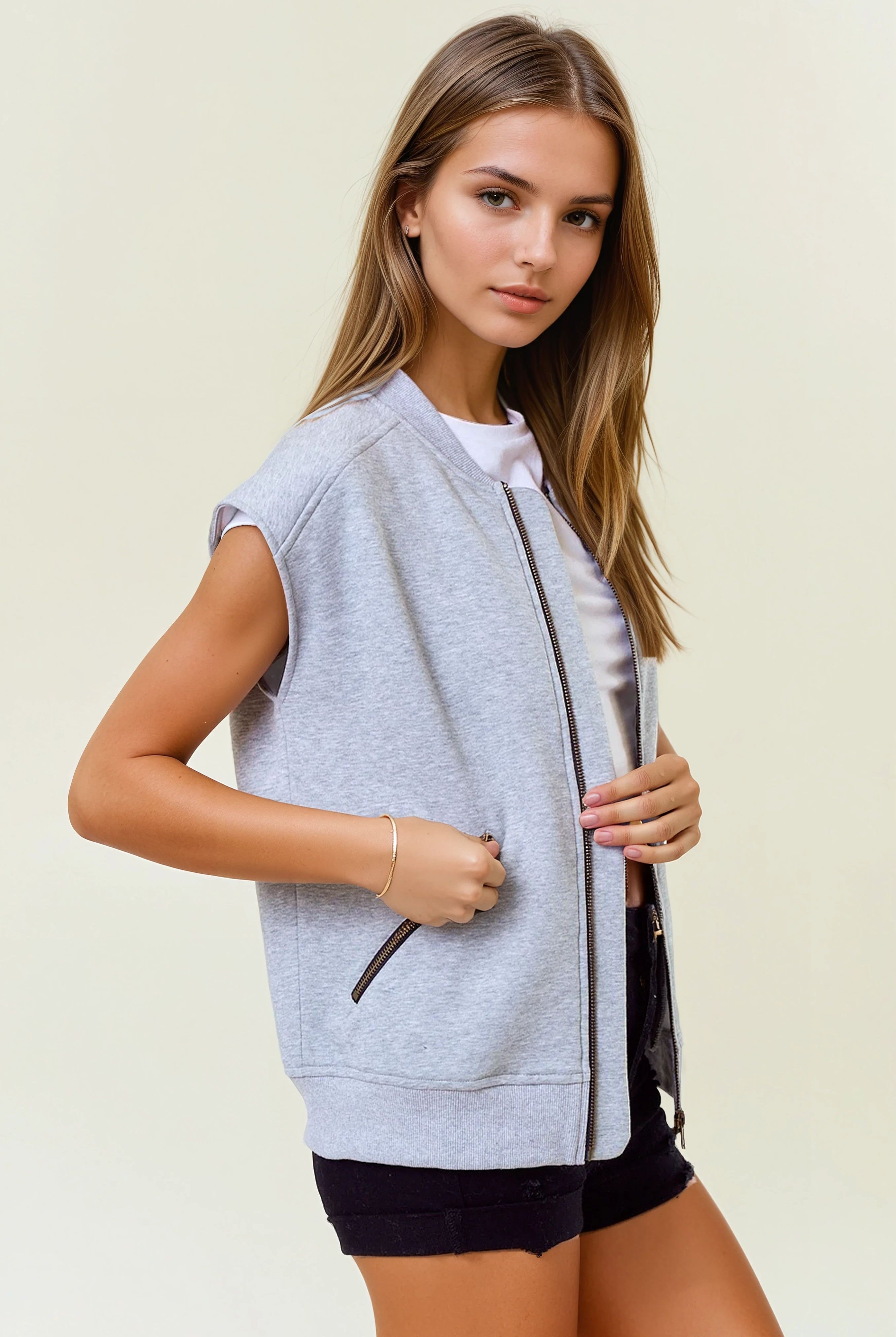Round Neck Front Zip Fleece Vest with Metal Zipper Pockets-Vests-Krush Kandy, Women's Online Fashion Boutique Located in Phoenix, Arizona (Scottsdale Area)