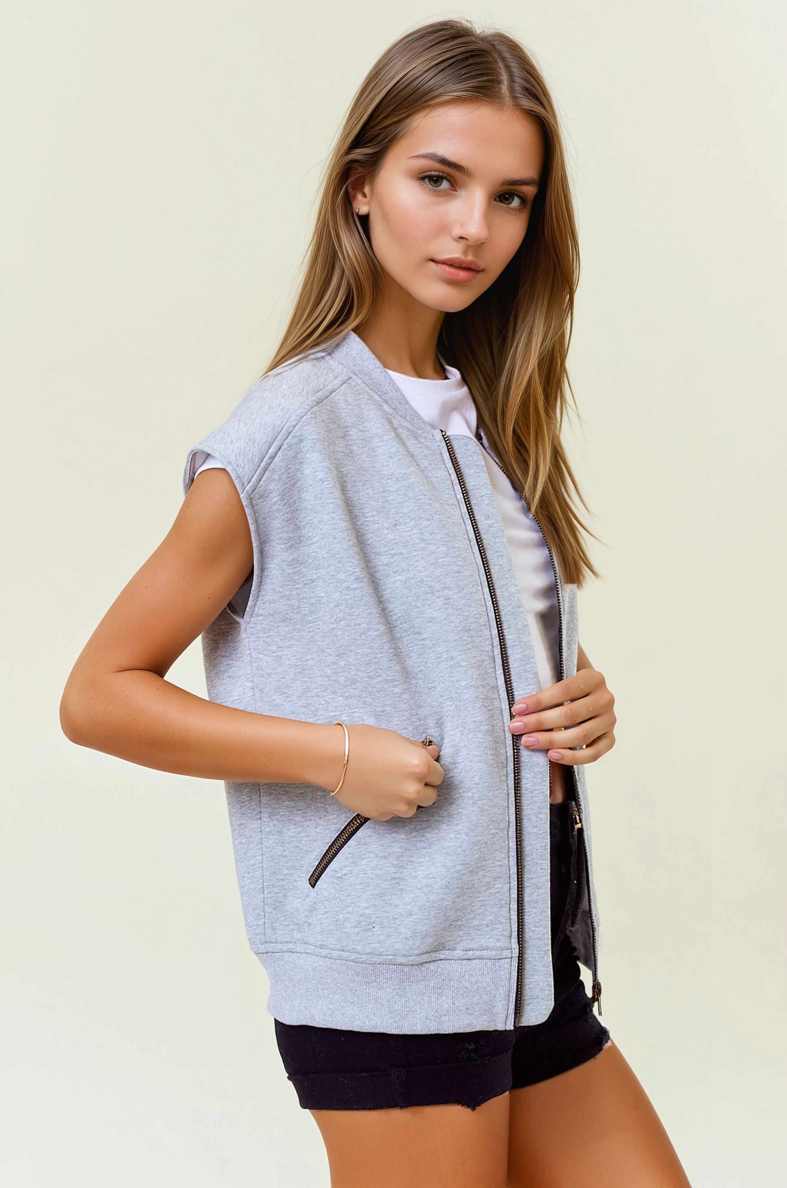 Round Neck Front Zip Fleece Vest with Metal Zipper Pockets-Vests-Krush Kandy, Women's Online Fashion Boutique Located in Phoenix, Arizona (Scottsdale Area)