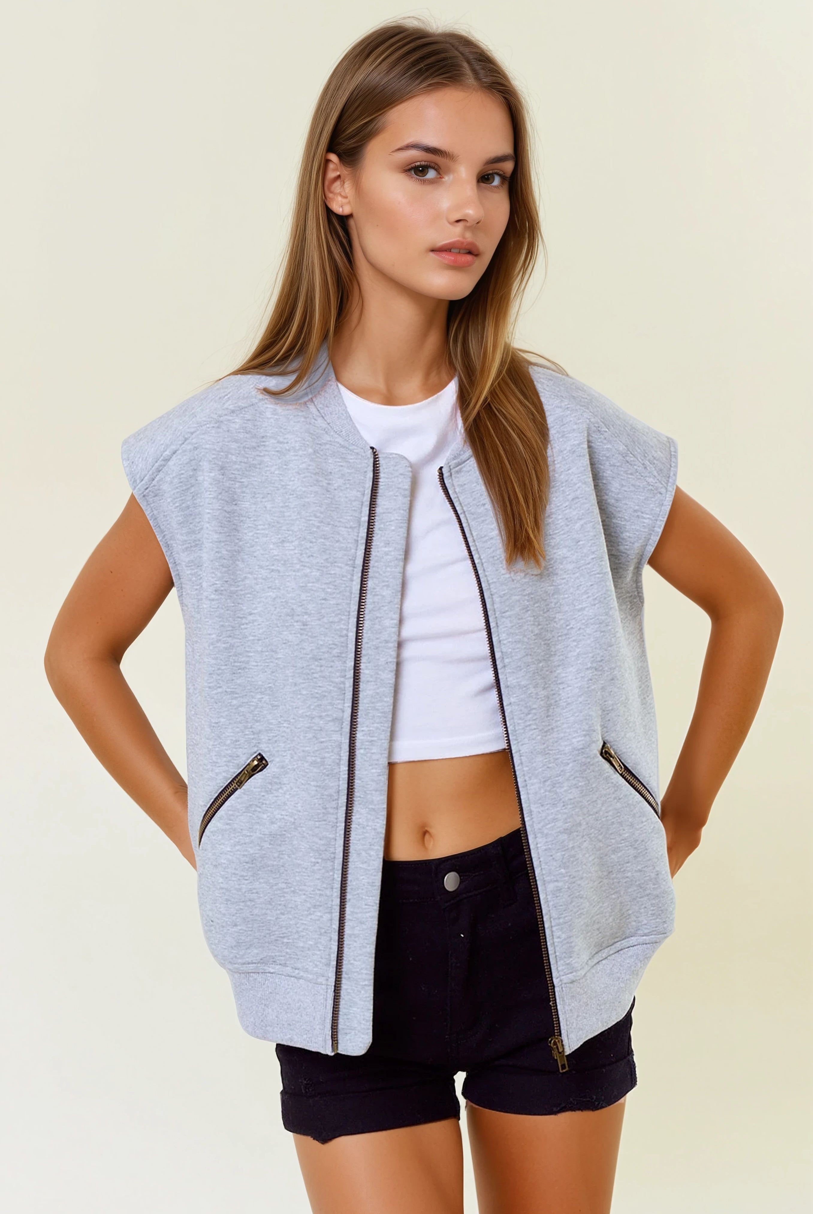 Round Neck Front Zip Fleece Vest with Metal Zipper Pockets-Vests-Krush Kandy, Women's Online Fashion Boutique Located in Phoenix, Arizona (Scottsdale Area)