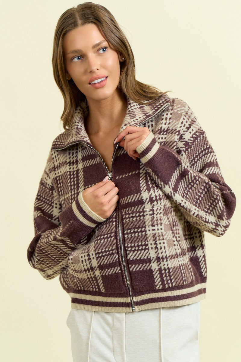 Plaid Knitted Two-Way Zip Sweater Jacket-Jackets-Krush Kandy, Women's Online Fashion Boutique Located in Phoenix, Arizona (Scottsdale Area)