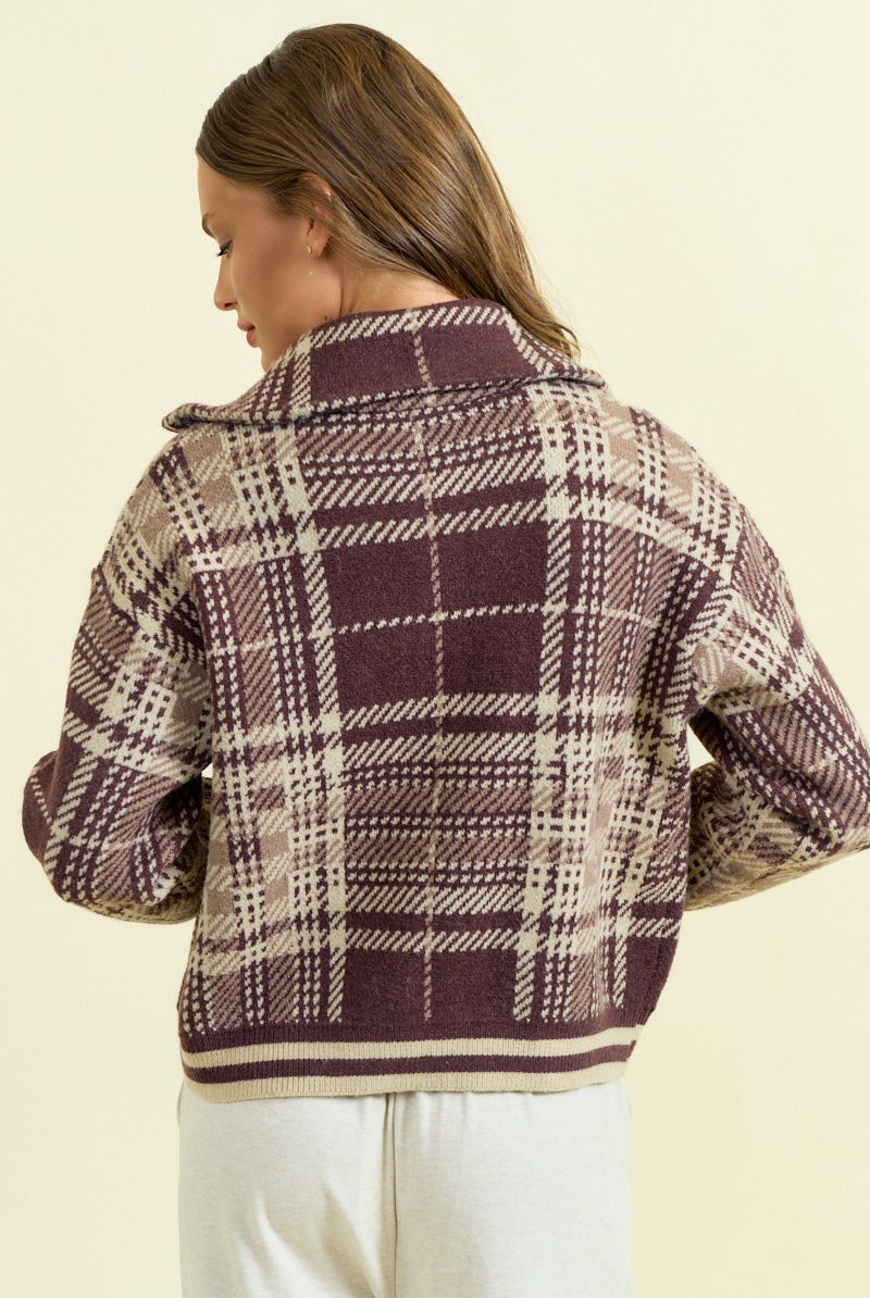 Plaid Knitted Two-Way Zip Sweater Jacket-Jackets-Krush Kandy, Women's Online Fashion Boutique Located in Phoenix, Arizona (Scottsdale Area)