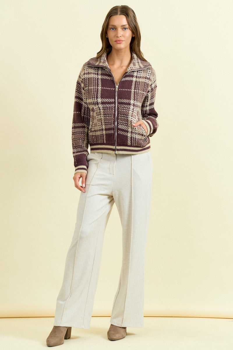 Plaid Knitted Two-Way Zip Sweater Jacket-Jackets-Krush Kandy, Women's Online Fashion Boutique Located in Phoenix, Arizona (Scottsdale Area)