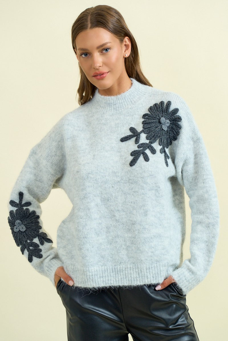 Floral Appliqué Mock Neck Sweater-Sweaters-Krush Kandy, Women's Online Fashion Boutique Located in Phoenix, Arizona (Scottsdale Area)