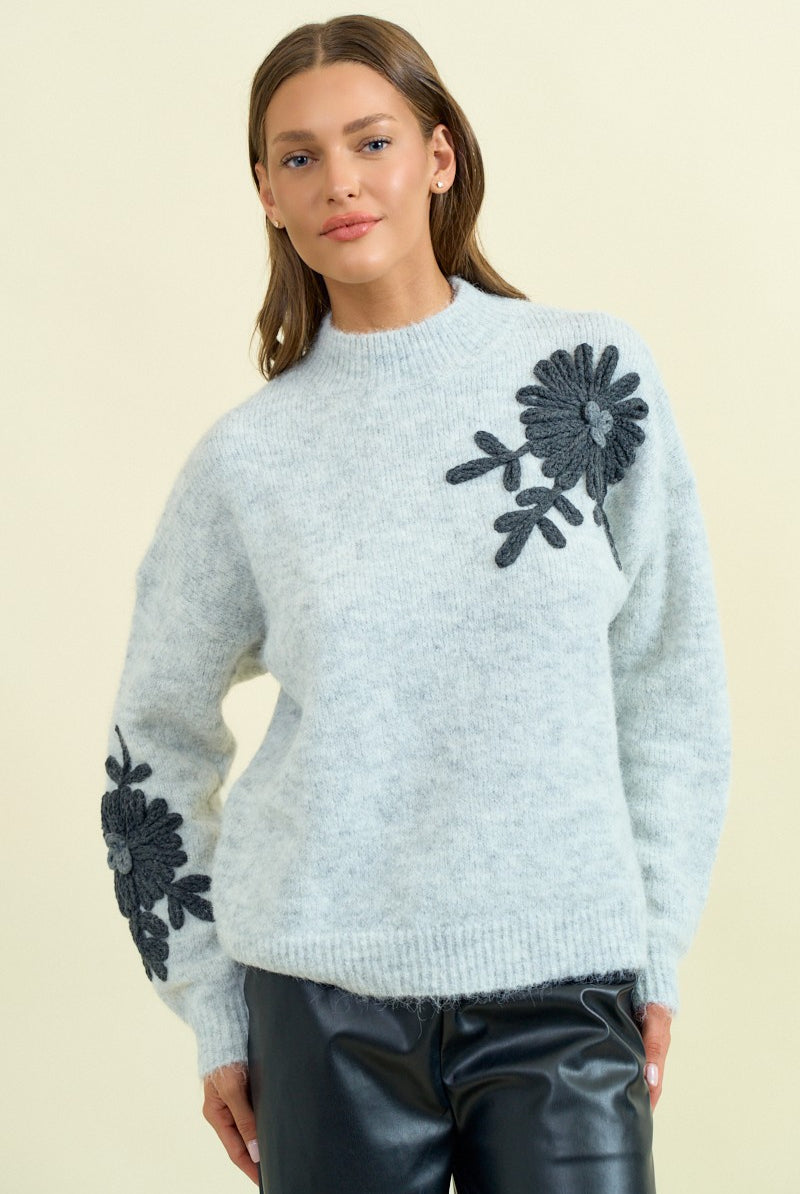 Floral Appliqué Mock Neck Sweater-Sweaters-Krush Kandy, Women's Online Fashion Boutique Located in Phoenix, Arizona (Scottsdale Area)