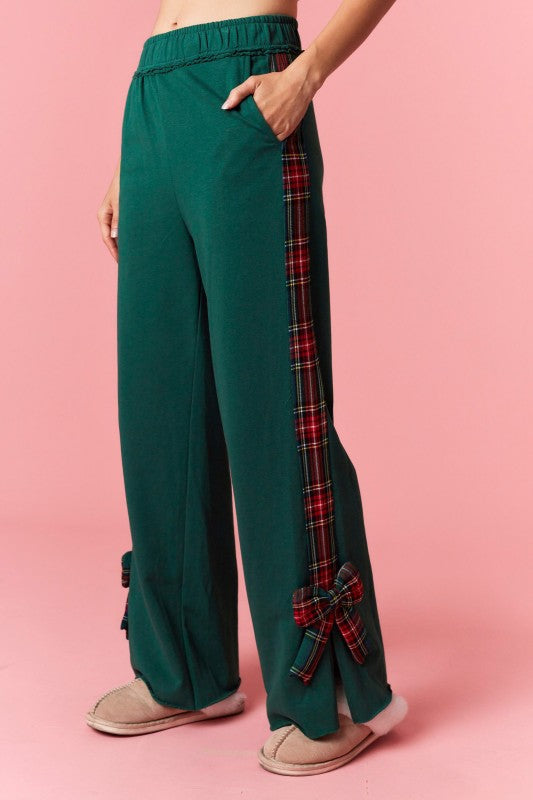 PLAID PADDED BOW & BAND DETAILED FRENCH TERRY TRACK PANTS-Pants-Krush Kandy, Women's Online Fashion Boutique Located in Phoenix, Arizona (Scottsdale Area)