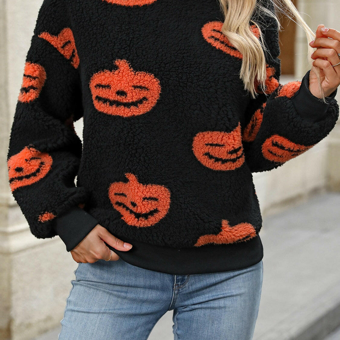 Fuzzy Pumpkin Round Neck Dropped Shoulder Sweater-Krush Kandy, Women's Online Fashion Boutique Located in Phoenix, Arizona (Scottsdale Area)