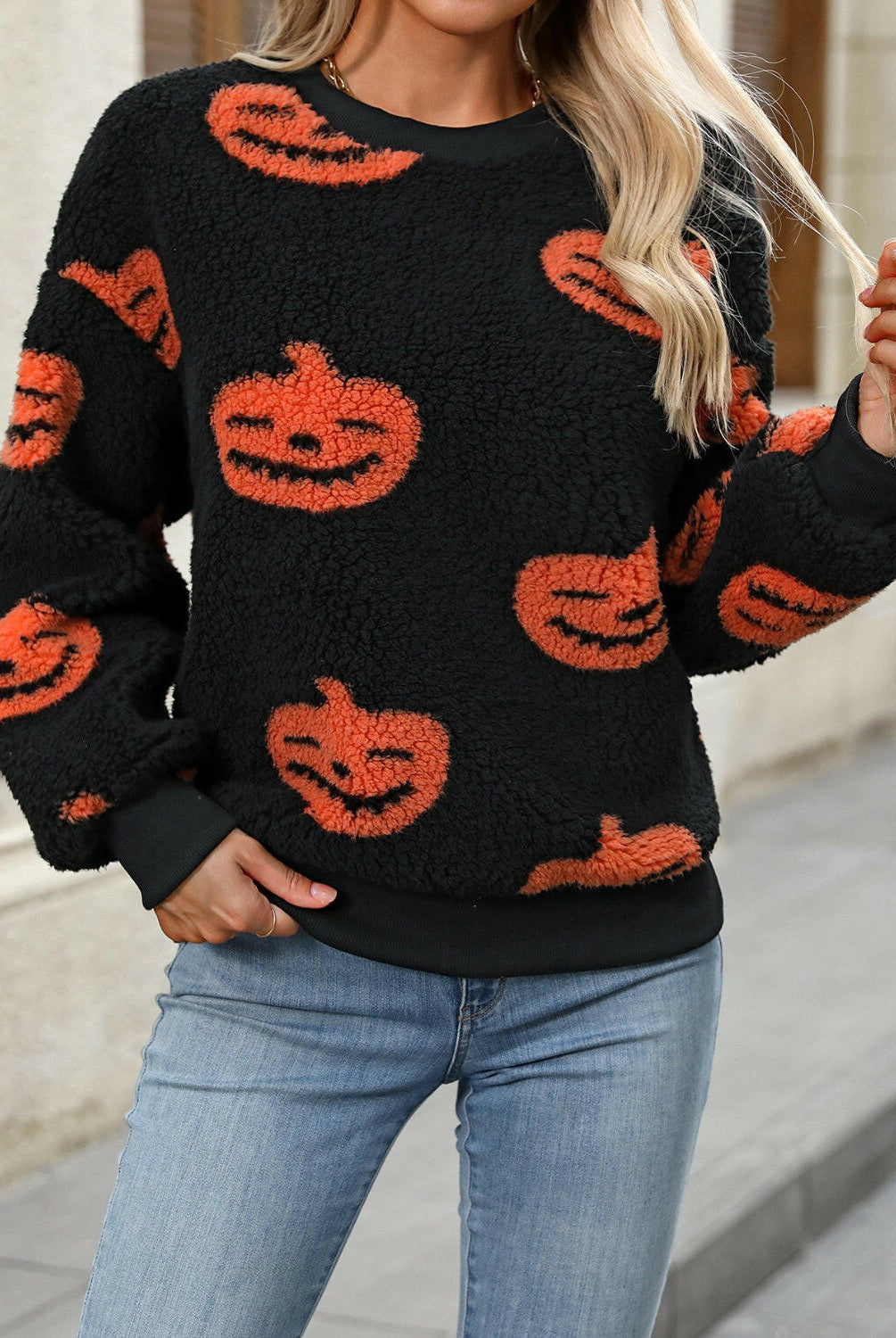 Fuzzy Pumpkin Round Neck Dropped Shoulder Sweater-Krush Kandy, Women's Online Fashion Boutique Located in Phoenix, Arizona (Scottsdale Area)
