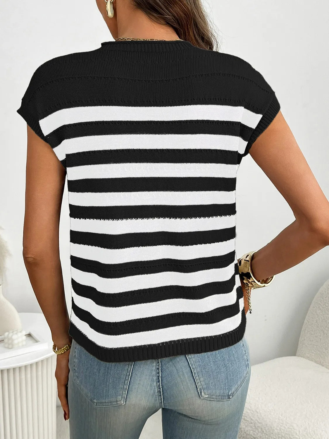 Striped Mock Neck Cap Sleeve Knit Top-Tops-Krush Kandy, Women's Online Fashion Boutique Located in Phoenix, Arizona (Scottsdale Area)