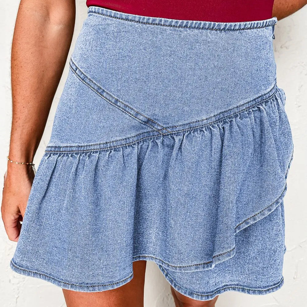 Asymmetric Ruffle Overlay Denim Mini Skirt-Skirts-Krush Kandy, Women's Online Fashion Boutique Located in Phoenix, Arizona (Scottsdale Area)