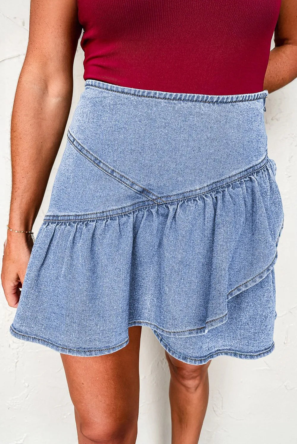 Asymmetric Ruffle Overlay Denim Mini Skirt-Skirts-Krush Kandy, Women's Online Fashion Boutique Located in Phoenix, Arizona (Scottsdale Area)