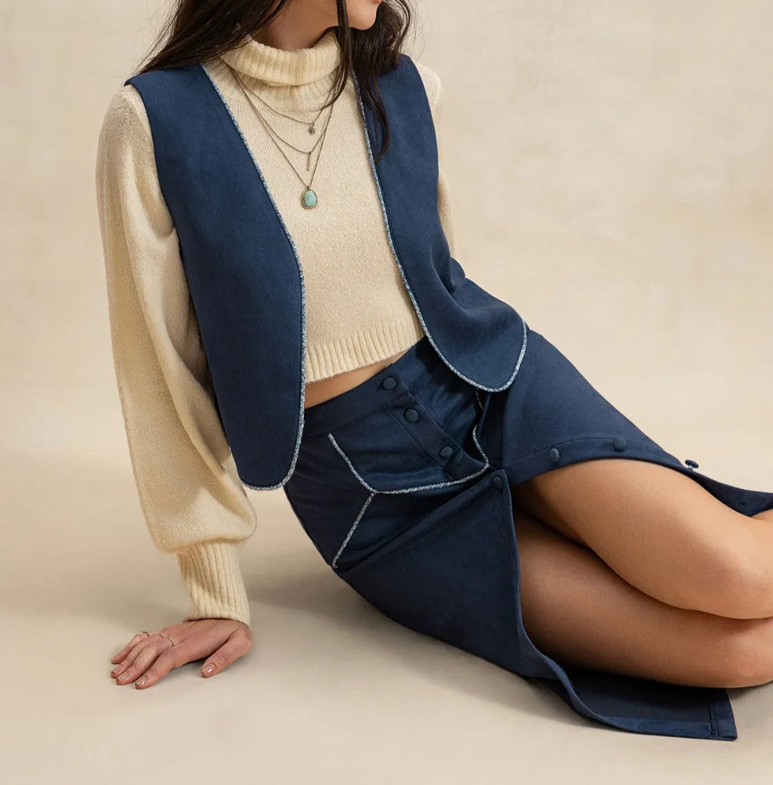 Open Front Vest and Buttoned Skirt Set-2 Piece Outfit Sets-Krush Kandy, Women's Online Fashion Boutique Located in Phoenix, Arizona (Scottsdale Area)