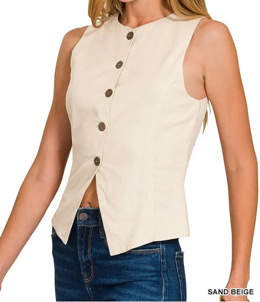 Linen Button Down Vest-Vests-Krush Kandy, Women's Online Fashion Boutique Located in Phoenix, Arizona (Scottsdale Area)