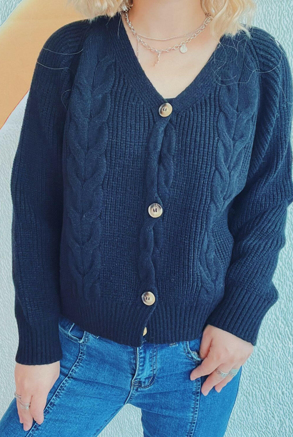 Cable-Knit V-Neck Button Down Long Sleeve Cardigan-Krush Kandy, Women's Online Fashion Boutique Located in Phoenix, Arizona (Scottsdale Area)