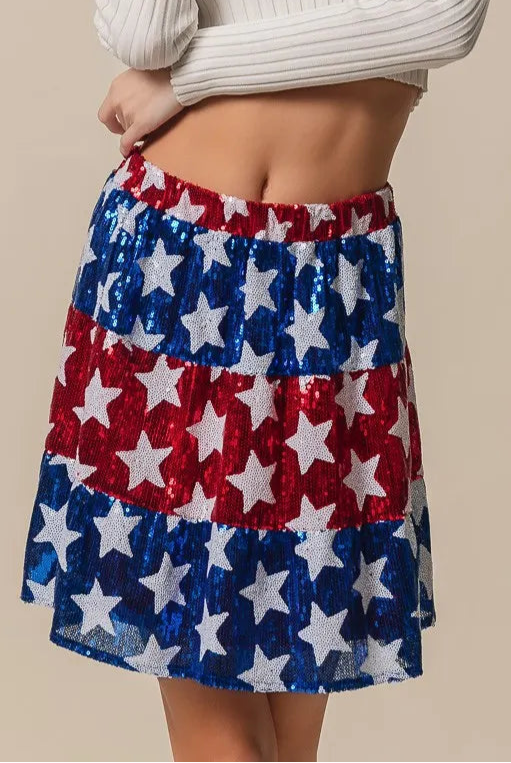 BiBi American Flag Theme Star Sequin Tiered Skirt-Skirts-Krush Kandy, Women's Online Fashion Boutique Located in Phoenix, Arizona (Scottsdale Area)
