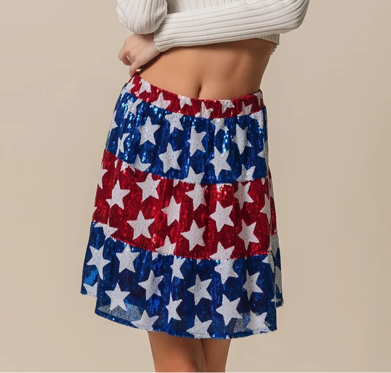 BiBi American Flag Theme Star Sequin Tiered Skirt-Skirts-Krush Kandy, Women's Online Fashion Boutique Located in Phoenix, Arizona (Scottsdale Area)