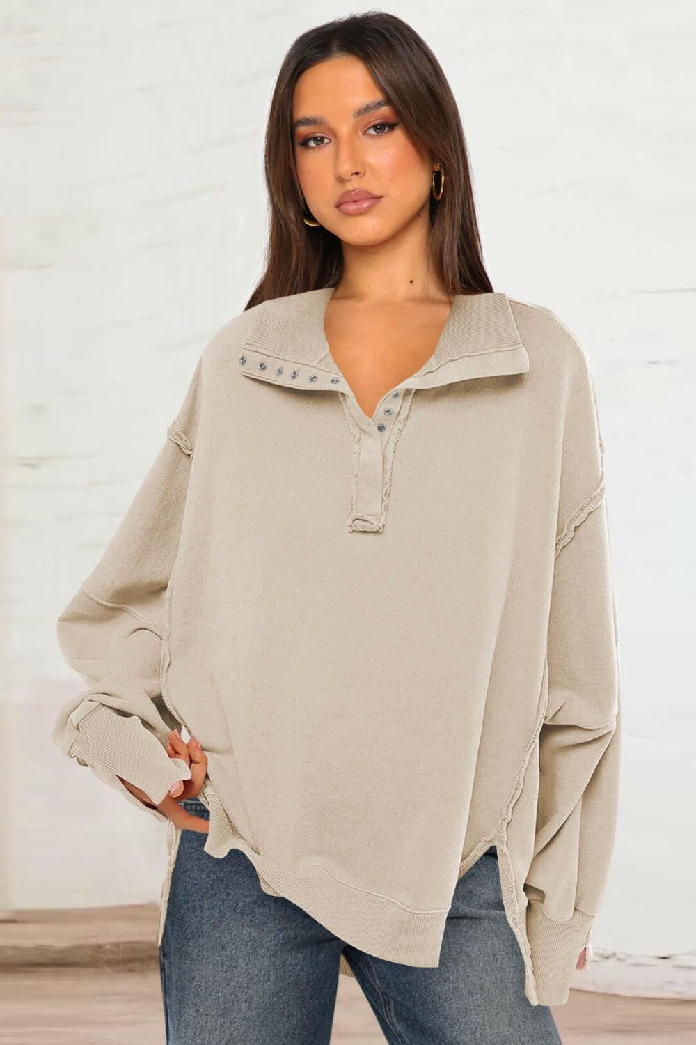 Exposed Seam Side Slit Long Sleeve Sweatshirt-Krush Kandy, Women's Online Fashion Boutique Located in Phoenix, Arizona (Scottsdale Area)