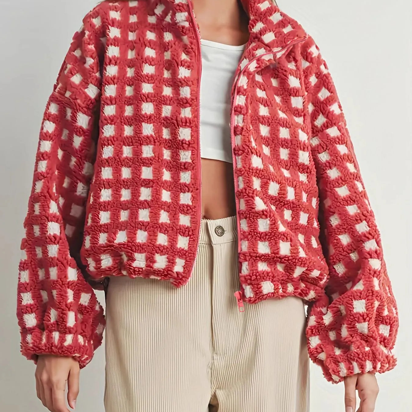 Fleece Checkered Puff Sleeve Bomber Jacket-Jacket-Krush Kandy, Women's Online Fashion Boutique Located in Phoenix, Arizona (Scottsdale Area)
