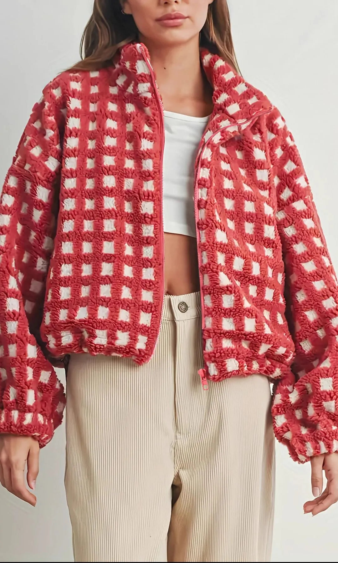 Fleece Checkered Puff Sleeve Bomber Jacket-Jacket-Krush Kandy, Women's Online Fashion Boutique Located in Phoenix, Arizona (Scottsdale Area)