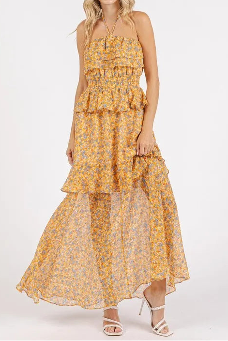 Mittoshop Ruffled Smocked Floral Halter Neck Maxi Dress-Dresses-Krush Kandy, Women's Online Fashion Boutique Located in Phoenix, Arizona (Scottsdale Area)