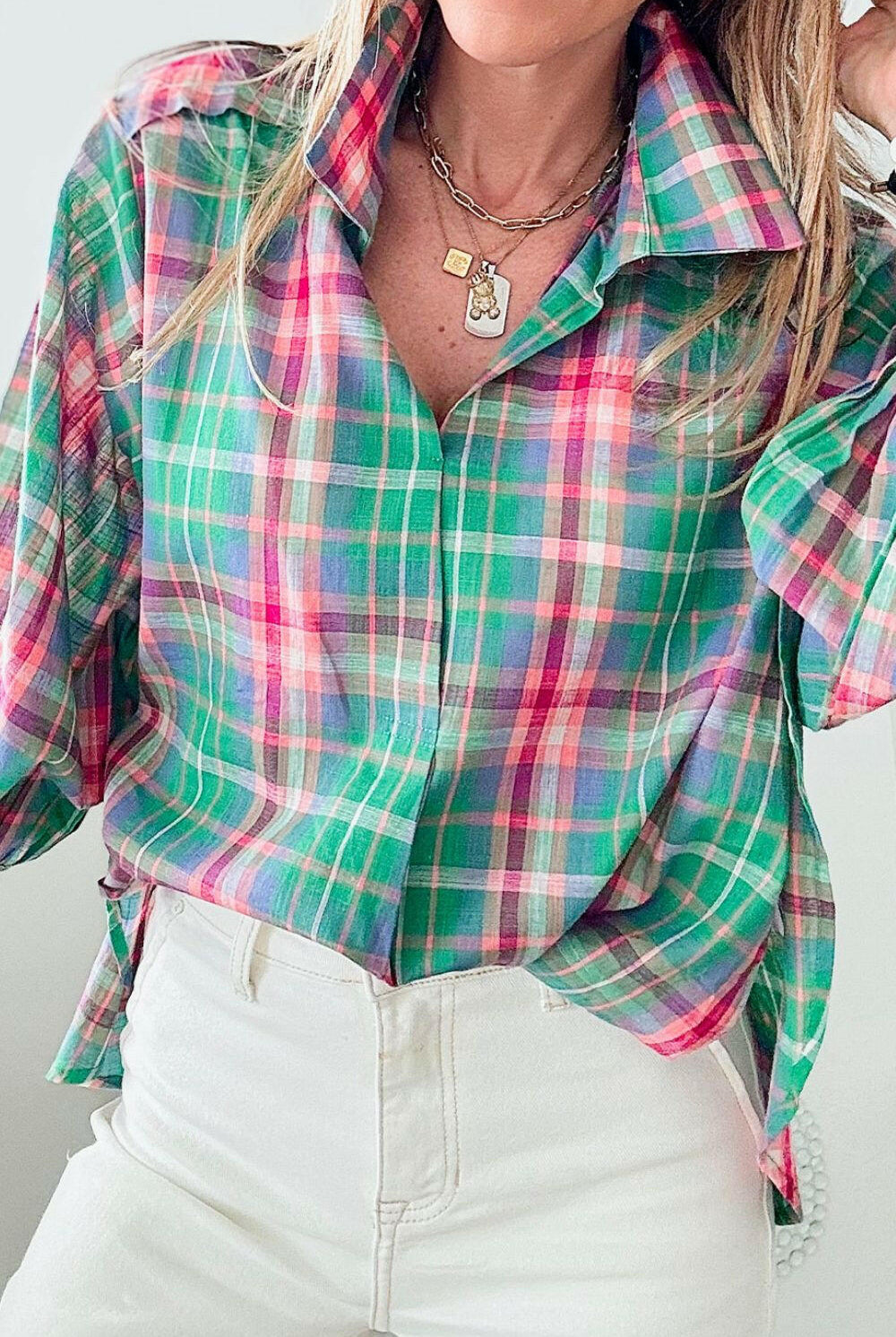 Pastel Plaid Button-Up Blouse-Blouses-Krush Kandy, Women's Online Fashion Boutique Located in Phoenix, Arizona (Scottsdale Area)
