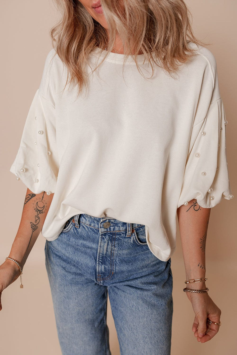 Pearl-Detail Puff Sleeve Top-Tops-Krush Kandy, Women's Online Fashion Boutique Located in Phoenix, Arizona (Scottsdale Area)