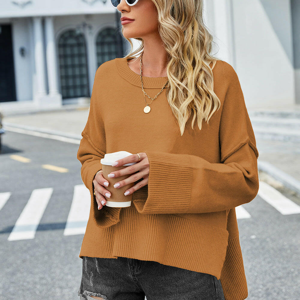 High-Low Slit Round Neck Long Sleeve Sweater-Krush Kandy, Women's Online Fashion Boutique Located in Phoenix, Arizona (Scottsdale Area)