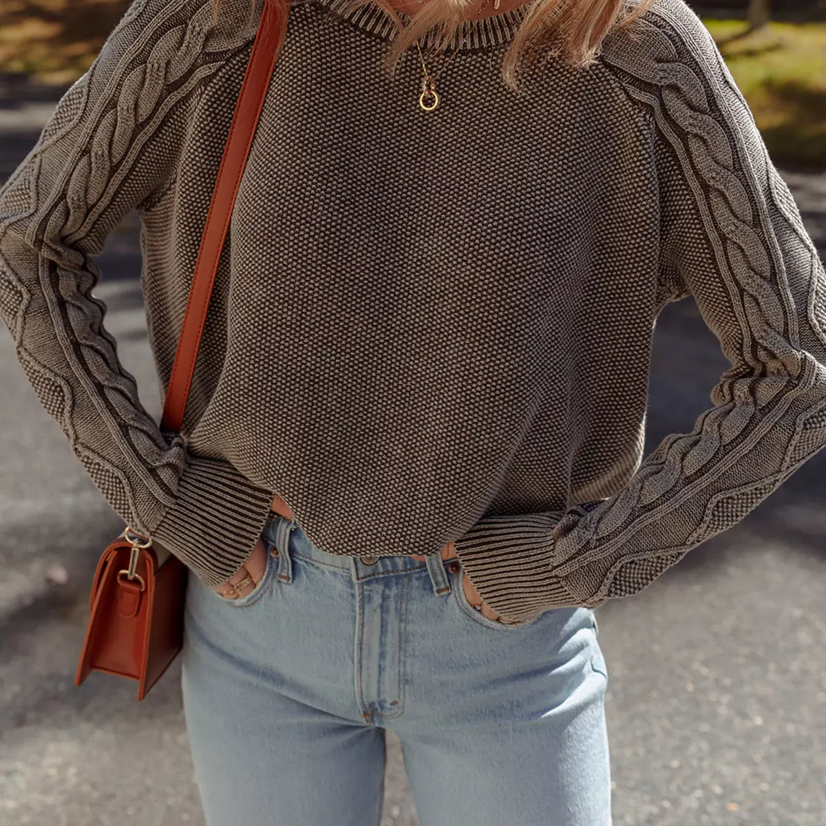 Contrast Cable Knit Sleeve Casual Sweater-Sweaters-Krush Kandy, Women's Online Fashion Boutique Located in Phoenix, Arizona (Scottsdale Area)