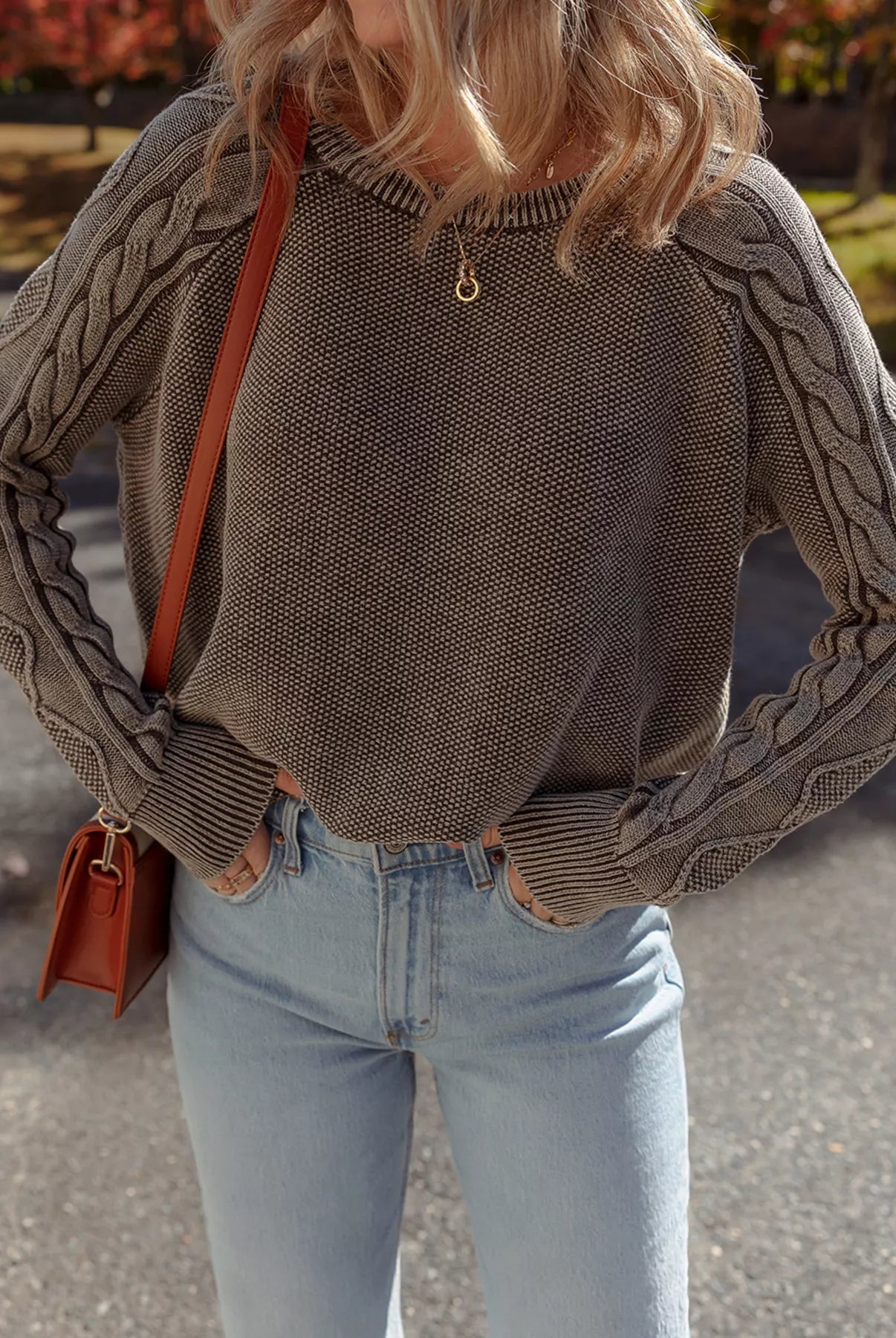 Contrast Cable Knit Sleeve Casual Sweater-Sweaters-Krush Kandy, Women's Online Fashion Boutique Located in Phoenix, Arizona (Scottsdale Area)