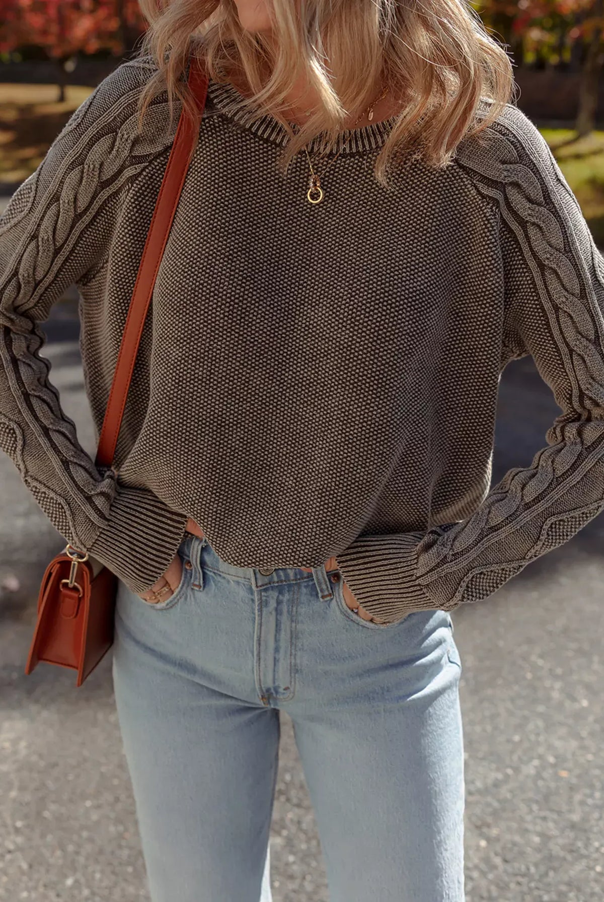 Contrast Cable Knit Sleeve Casual Sweater-Sweaters-Krush Kandy, Women's Online Fashion Boutique Located in Phoenix, Arizona (Scottsdale Area)