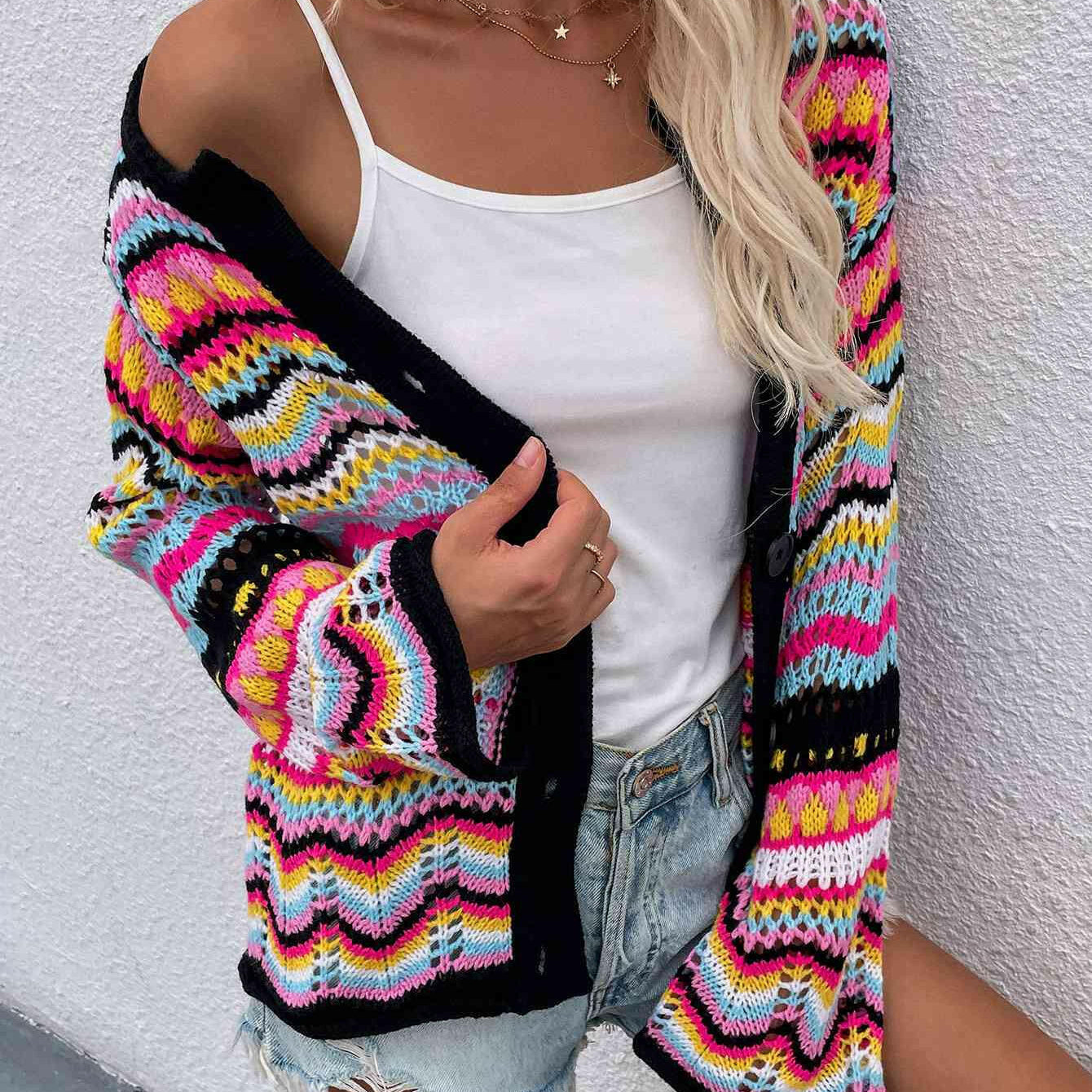 Chevron Stripes Openwork Cardigan-Krush Kandy, Women's Online Fashion Boutique Located in Phoenix, Arizona (Scottsdale Area)