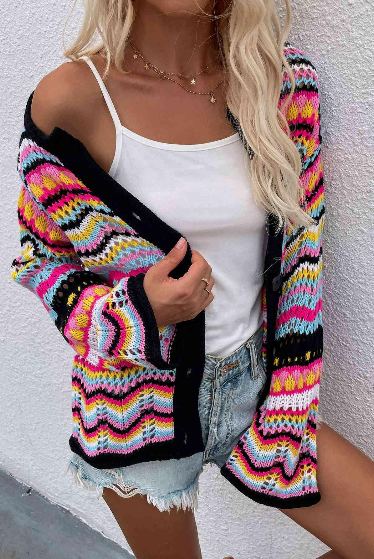 Chevron Stripes Openwork Cardigan-Krush Kandy, Women's Online Fashion Boutique Located in Phoenix, Arizona (Scottsdale Area)