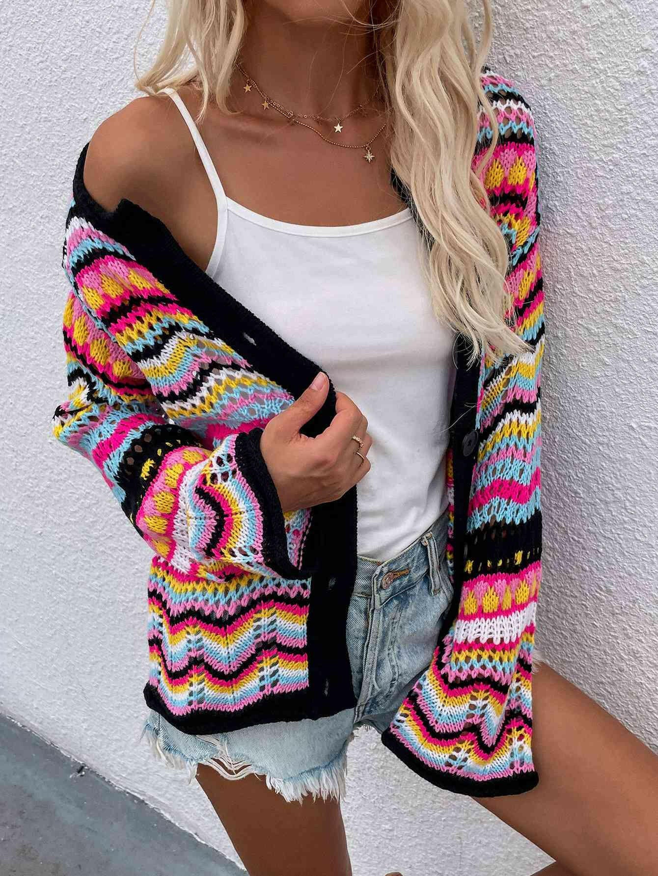 Chevron Stripes Openwork Cardigan-Krush Kandy, Women's Online Fashion Boutique Located in Phoenix, Arizona (Scottsdale Area)