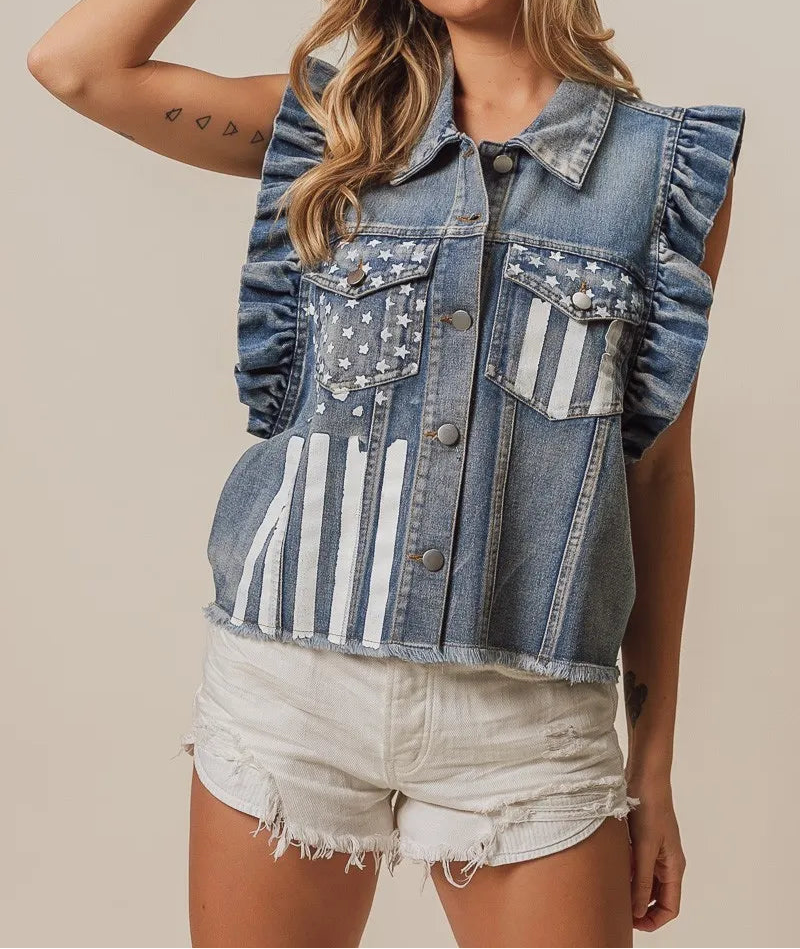 BiBi American Flag Washed Denim Jacket-Tops-Krush Kandy, Women's Online Fashion Boutique Located in Phoenix, Arizona (Scottsdale Area)