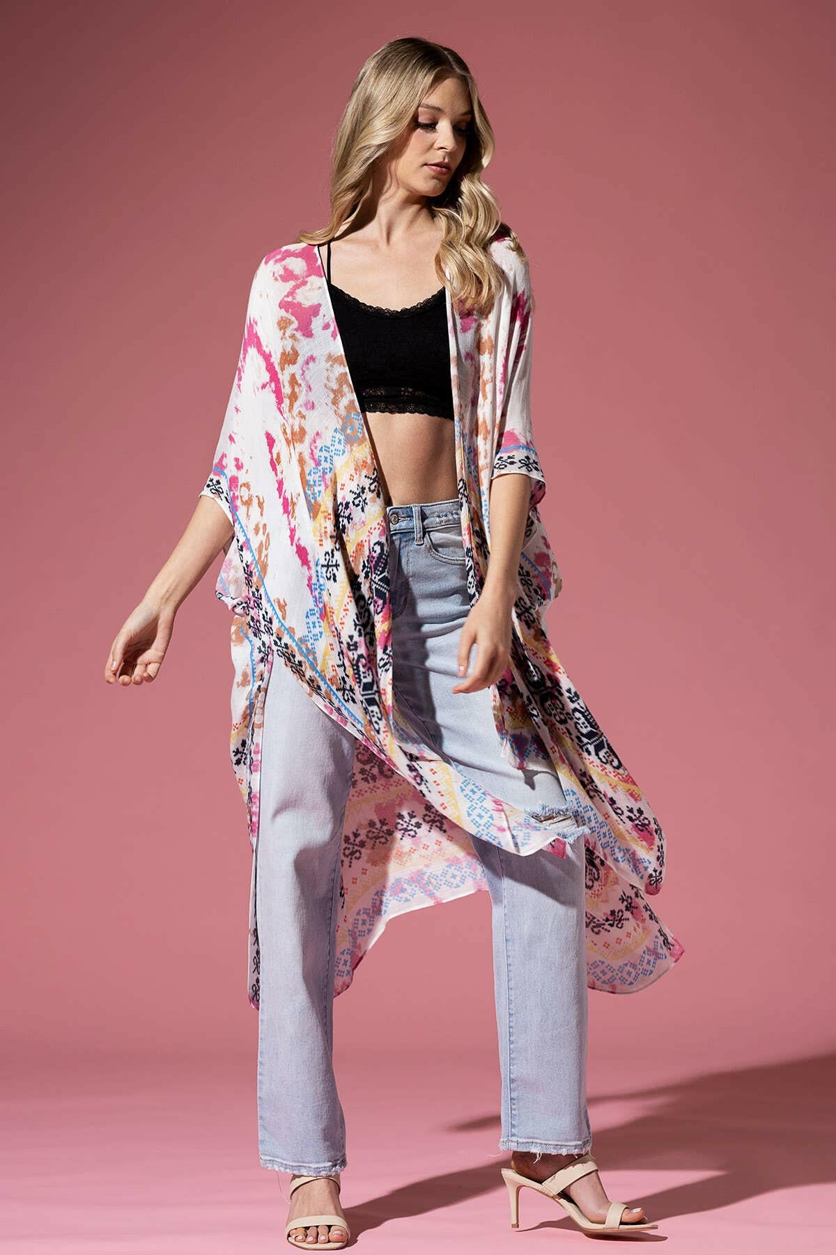 Tie Dye with Ethnic Border Motif Kimono-Kimono-Krush Kandy, Women's Online Fashion Boutique Located in Phoenix, Arizona (Scottsdale Area)