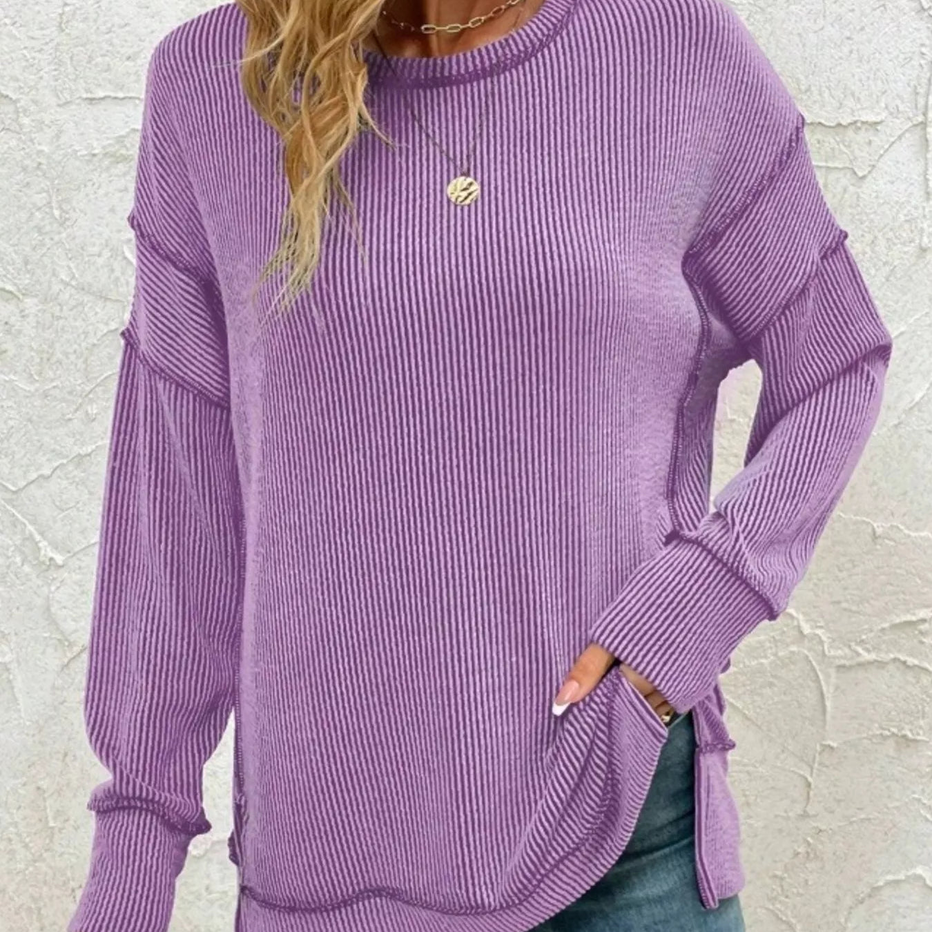 Side Slit Round Neck Dropped Shoulder Sweatshirt-Sweaters-Krush Kandy, Women's Online Fashion Boutique Located in Phoenix, Arizona (Scottsdale Area)