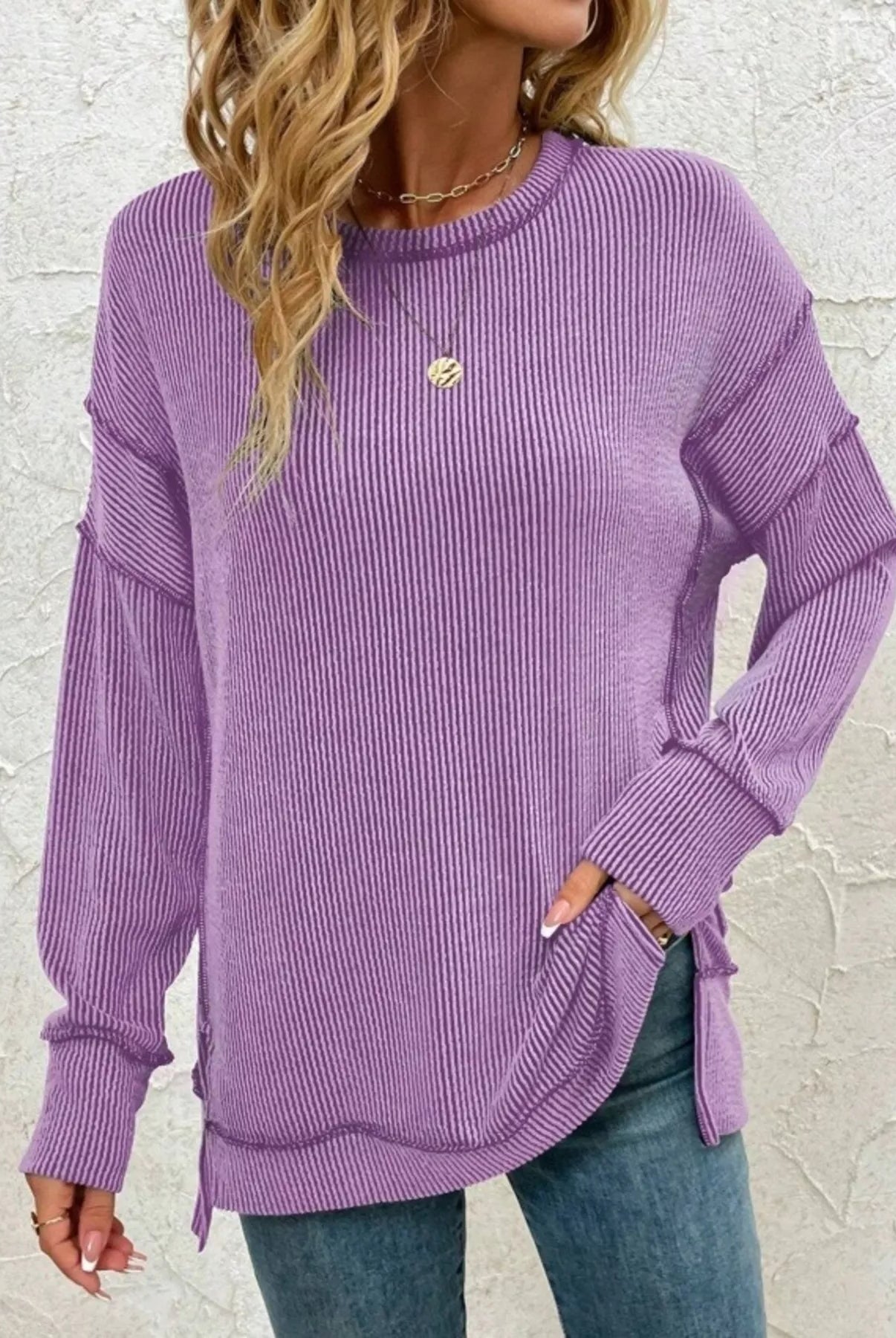 Side Slit Round Neck Dropped Shoulder Sweatshirt-Sweaters-Krush Kandy, Women's Online Fashion Boutique Located in Phoenix, Arizona (Scottsdale Area)