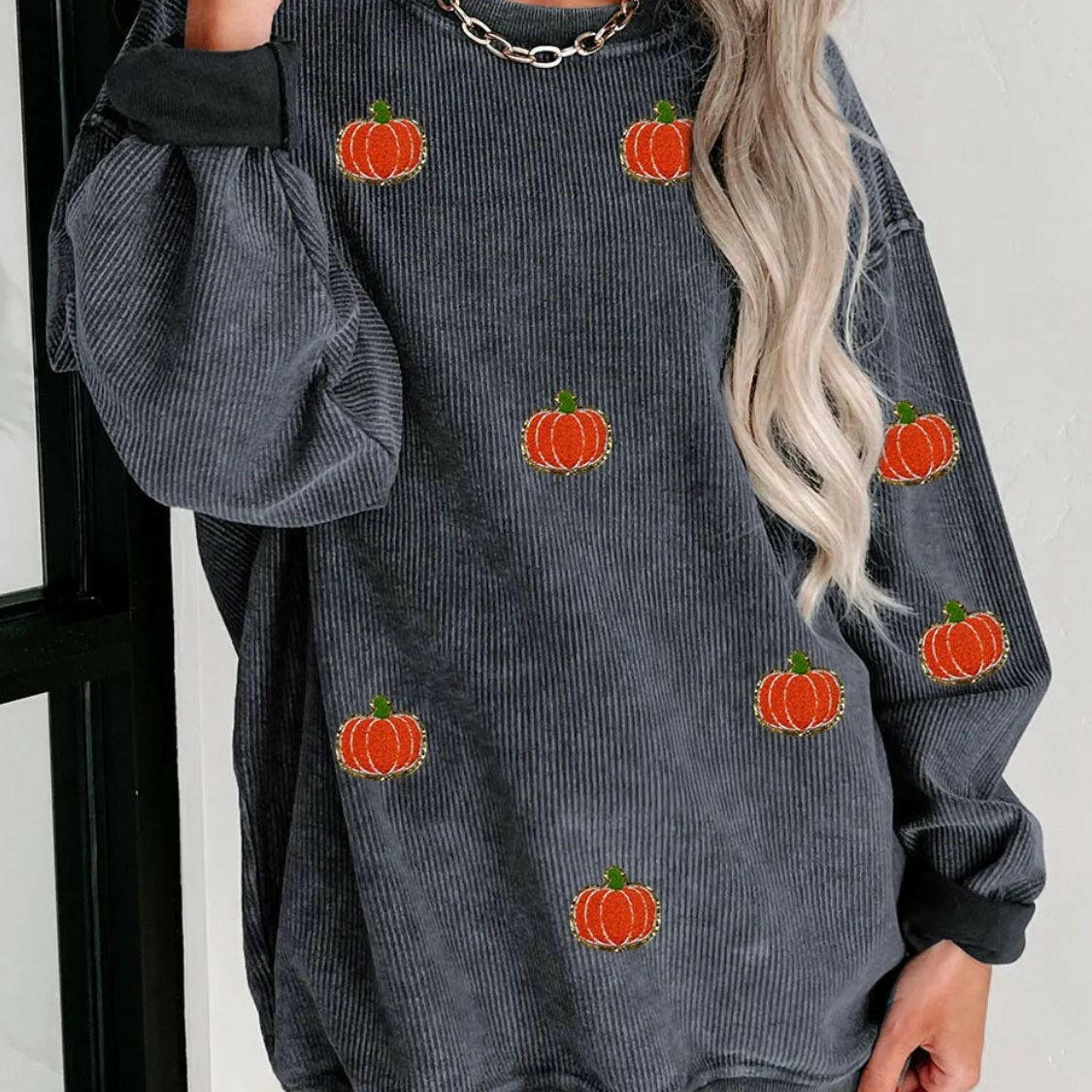 Pumpkin Round Neck Long Sleeve Sweatshirt-Krush Kandy, Women's Online Fashion Boutique Located in Phoenix, Arizona (Scottsdale Area)