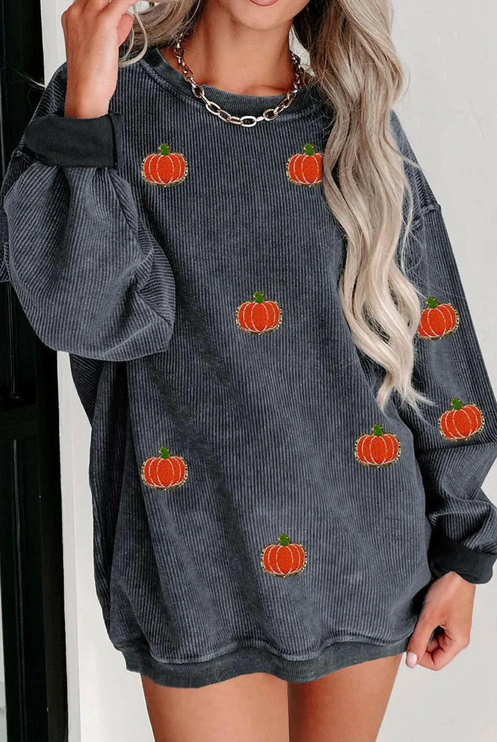 Pumpkin Round Neck Long Sleeve Sweatshirt-Krush Kandy, Women's Online Fashion Boutique Located in Phoenix, Arizona (Scottsdale Area)